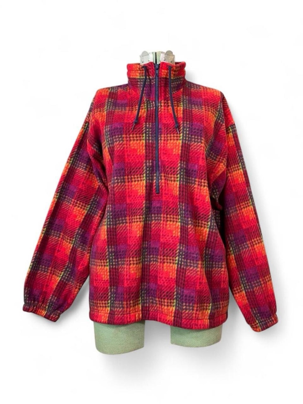 Vintage Y2K Colorful Plaid Fleece Quarter Zip Oversized Pullover Sweatshirt